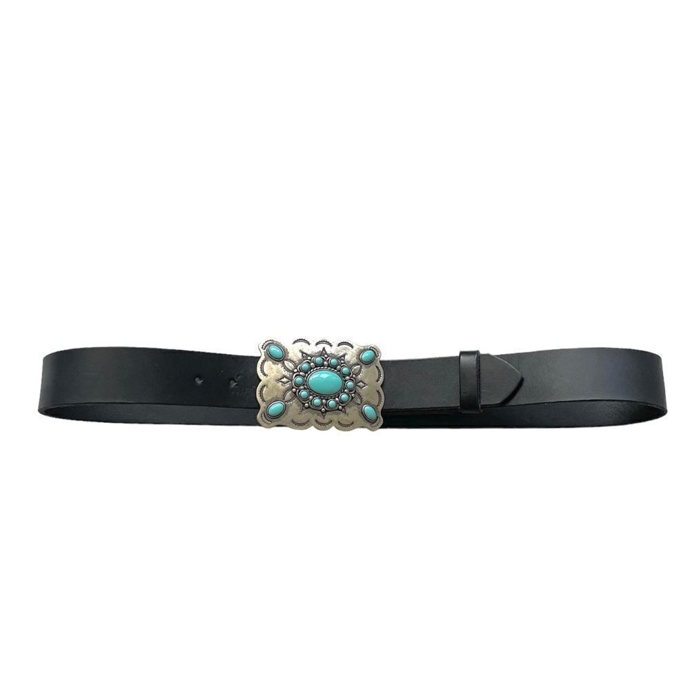 ALTAI Leather Maker Jerome AZ Black Leather Belt Silver Buckle Blue Stones 34